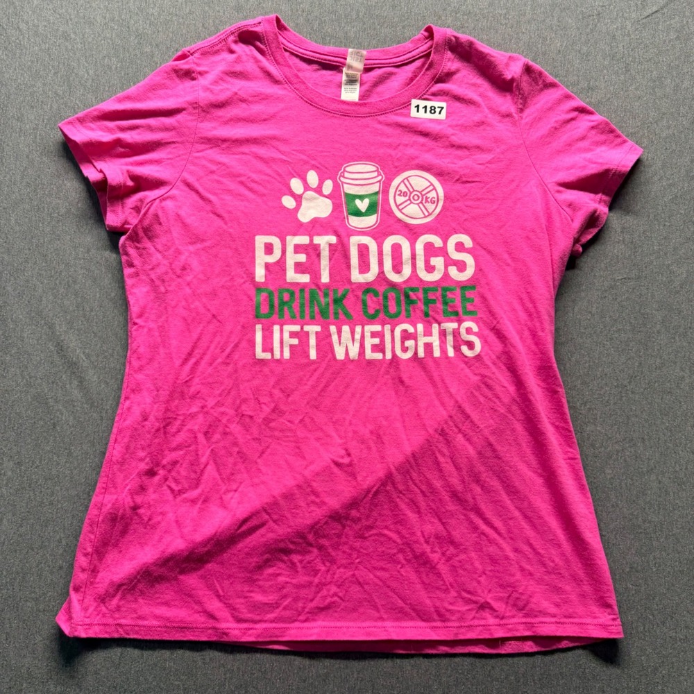 District Made Pink Pet Dogs Drink Coffee Lift Weights Graphic T-Shirt XL